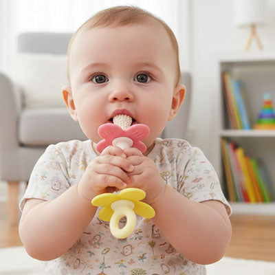 bébé assis dentition tetine fleur rose