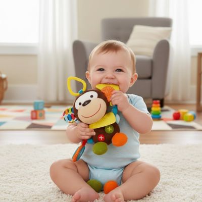 bébé mord jouet sensorielle singe