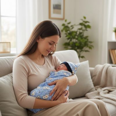maman bébé salon couverture emmaillotage bleu oursons