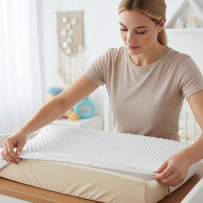 maman installe housse matelas langer blanc