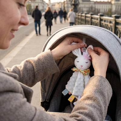 maman veste grise doudou lapin blanc