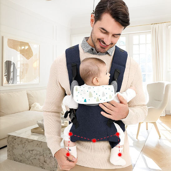 papa porte bébé contre lui bien assis